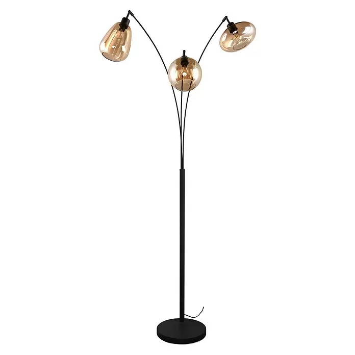 Trio Leuchten Lumina Stehleuchte - 30 W, Höhe: 200 cm, Schwarz, Amber, E14 - Moderne schwarze Metall-Stehleuchte mit drei Armen und warmen bernsteinfarbenen Glaskugeln.