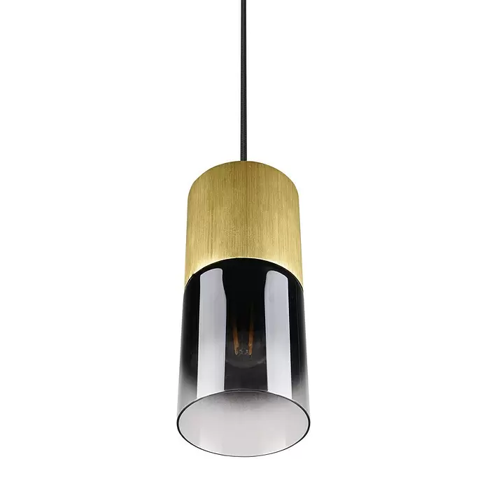 Trio Leuchten Robin Pendelleuchte - 28 W, Messing, E27, Anzahl Leuchtmittel: 1 Stk. - Pendelleuchte mit gebürstetem Messingaufsatz und Rauchglas-Schirm, der eine Glühbirne zeigt.