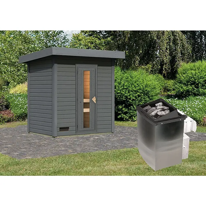 Karibu Saunahaus Hytti - 9 kW Saunaofen mit integrierter Steuerung, Terragrau, L x B x H: 146 x 196 x 228 cm - Eine moderne Gartensauna mit Holzofen, ideal für Entspannung im eigenen Garten. Die Sauna ist stilvoll und funktional gestaltet.