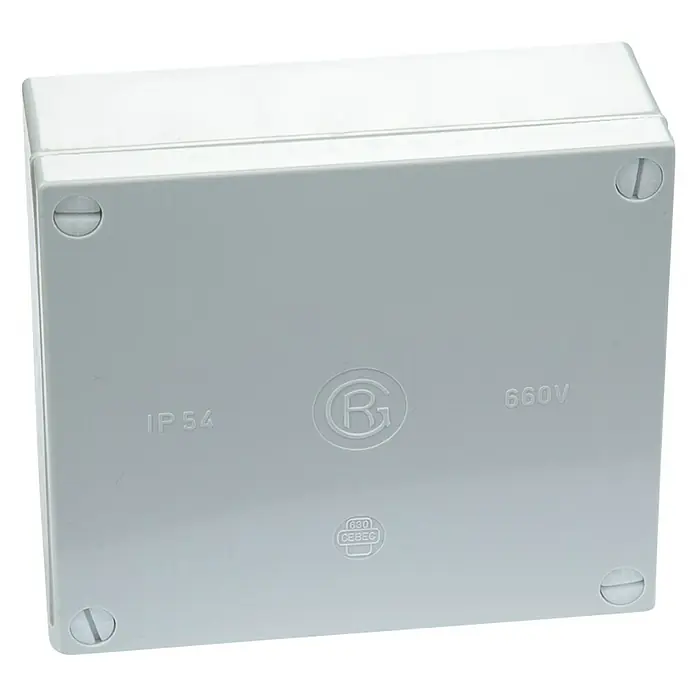 Abzweigkasten - 130 x 115 x 57 mm, Aufputz, Grau, IP54 - Graue Anschlussdose mit Schrauben an den Ecken und den Aufschriften "IP 54" und "660V" für den sicheren Elektroanschluss.