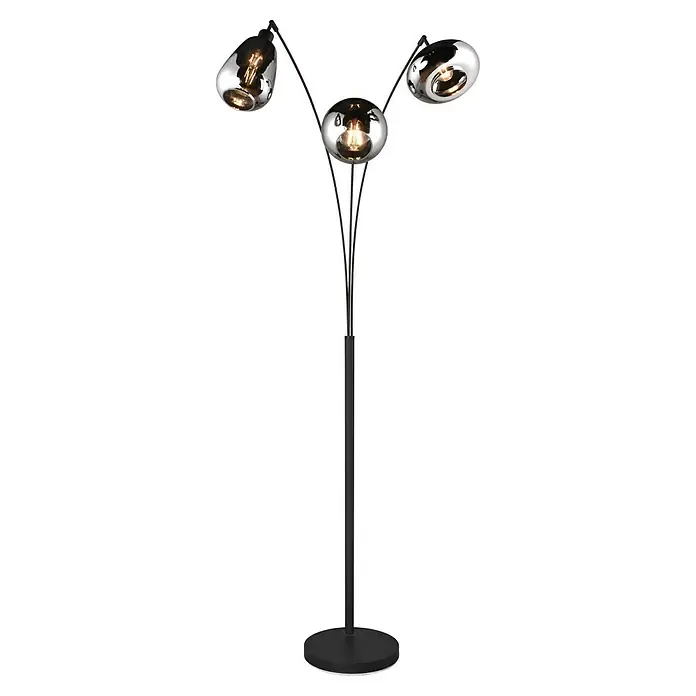Trio Leuchten Lumina Stehleuchte - 30 W, Höhe: 200 cm, Schwarz, Chrom, E14 - Elegante Stehlampe mit drei schimmernden Glaskugeln, die ein warmes Licht verbreiten. Der schwarze Ständer sorgt für einen modernen Kontrast.