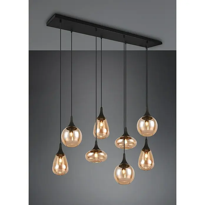 Trio Leuchten Lumina Pendelleuchte - 8 Stk., 320 W, L x B x H: 34,5 x 121 x 150 cm, Amber, Schwarz, E14 - Diese Pendelleuchte verfügt über einen rechteckigen schwarzen Baldachin mit acht bernsteinfarbenen Glasschirmen in verschiedenen Formen.