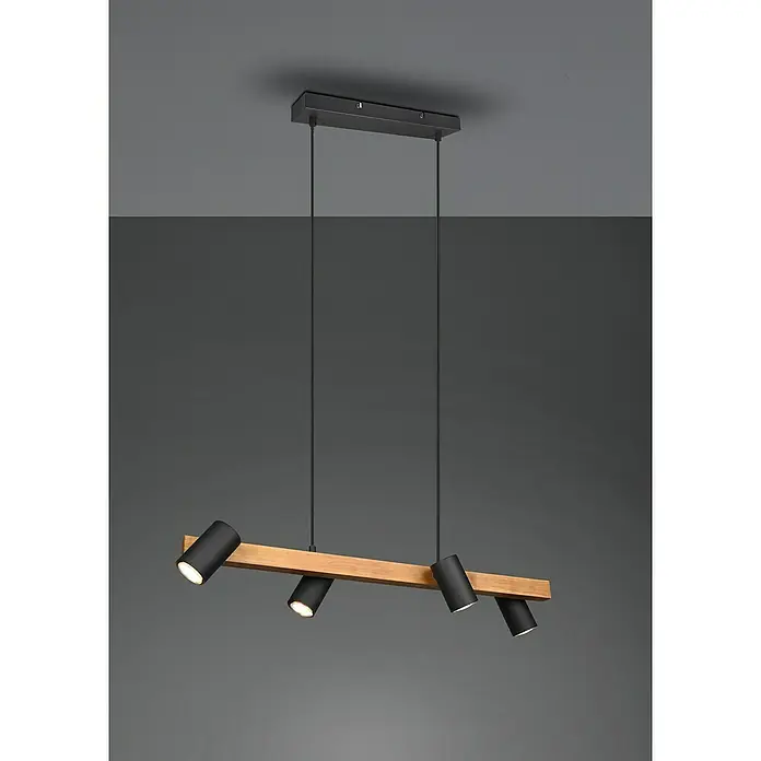 Trio Leuchten Marley Pendelleuchte - 140 W, L x B x H: 20 x 80 x 150 cm, Schwarz/Holz, GU10, Anzahl Leuchtmittel: 4 Stk. - Elegante Hängelampe mit Holzdetails und verstellbaren schwarzen Strahlern, die ein modernes Ambiente schafft.