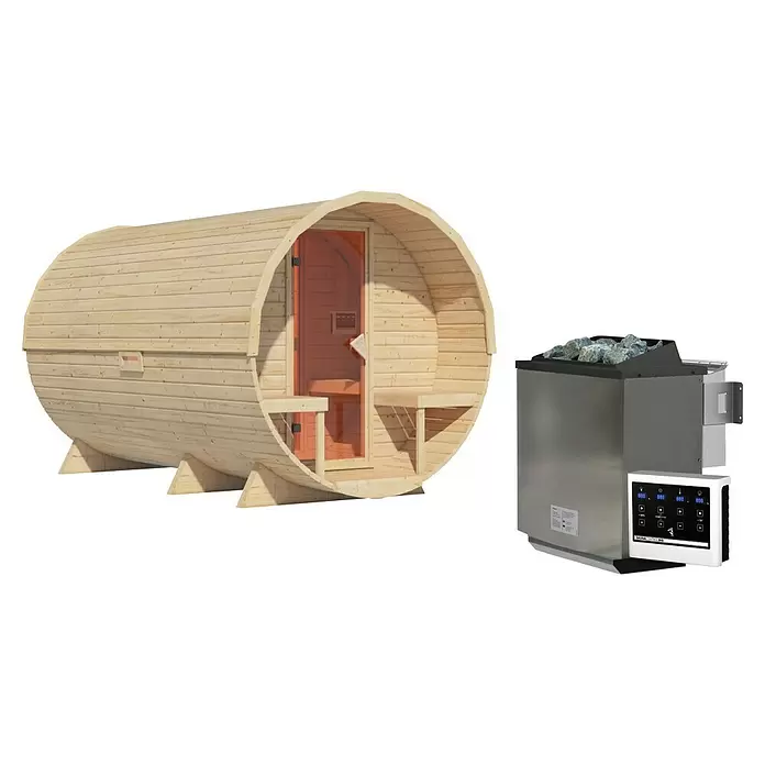 Karibu Fasssauna - L x B x H: 385 x 225 x 229 cm, 9 kW Bio-Saunaofen mit externer Steuerung, Anzahl Liegen: 4 Stk. - Hellholz Fasssauna mit separatem metallischem Saunaofen und digitalem Bedienfeld.