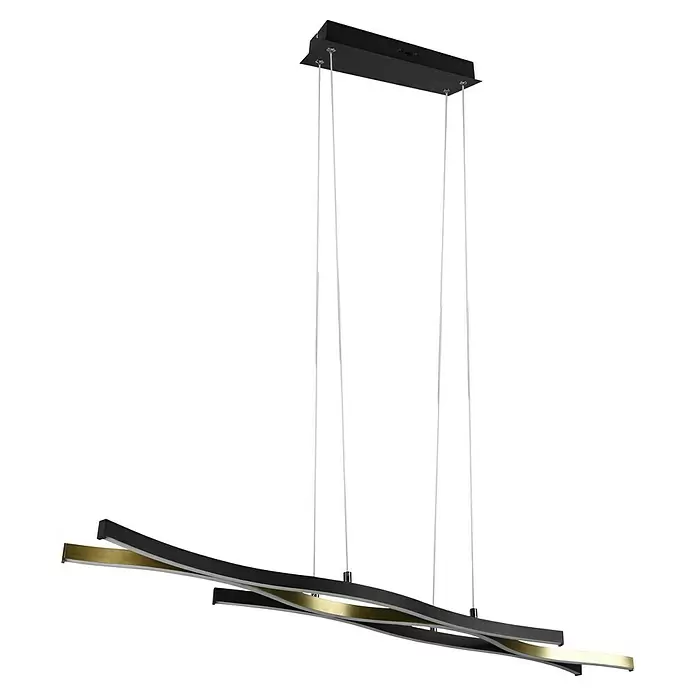 Trio Leuchten Blaze LED-Pendelleuchte - 35 W, L x B x H: 15,5 x 107,5 x 150 cm, Messing matt/Schwarz, Mehrfarbig - Moderne schwarz-goldene Wellen-Hängeleuchte, an dünnen Drähten abgehängt.