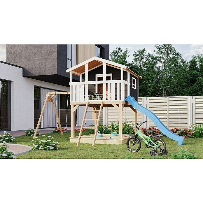 Karibu Kinderspielturm Benjamin (L x B x H: 244 x 198 x 309 cm, Terragrau, Mit blauer Rutsche) | BAUHAUS