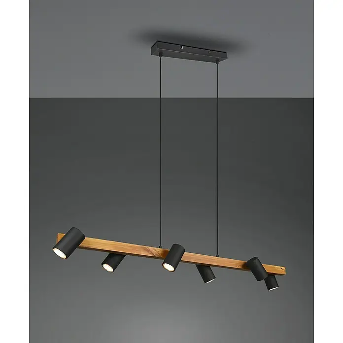 Trio Leuchten Marley Pendelleuchte - 210 W, L x B x H: 20 x 115 x 150 cm, Schwarz/Holz, GU10, Anzahl Leuchtmittel: 6 Stk. - Moderne Hängelampe mit Holzdetails und schwarzen Strahlern für eine stilvolle Beleuchtung im Raum.
