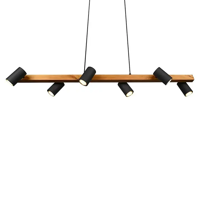 Trio Leuchten Marley Pendelleuchte - 210 W, L x B x H: 20 x 115 x 150 cm, Schwarz/Holz, GU10, Anzahl Leuchtmittel: 6 Stk. - Diese moderne Pendelleuchte verfügt über eine Holzleiste mit sechs schwarzen Strahlern, die für eine stilvolle Beleuchtung sorgt.
