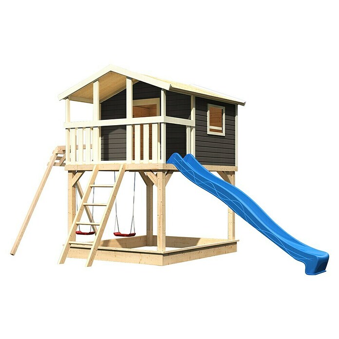 Karibu Kinderspielturm Benjamin (L x B x H: 244 x 198 x 309 cm, Terragrau, Mit blauer Rutsche) | BAUHAUS