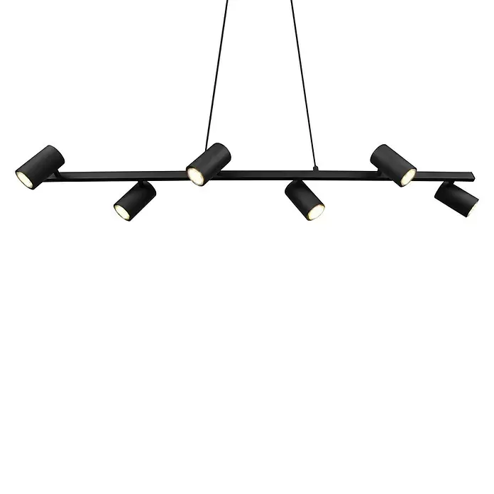 Trio Leuchten Marley Pendelleuchte - 210 W, L x B x H: 18 x 115 x 150 cm, Schwarz, GU10, Anzahl Leuchtmittel: 6 Stk. - Schwarze lineare Deckenleuchte mit sechs verstellbaren Strahlern, die warmes Licht abgeben.