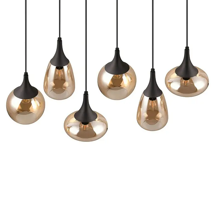 Trio Leuchten Lumina Pendelleuchte - 6 Stk., 240 W, L x B x H: 34,5 x 93,8 x 150 cm, Amber, Schwarz, E14 - Mehrfach-Pendelleuchte mit bernsteinfarbenen Glasschirmen und schwarzen Aufhängungen, die ein warmes, modernes Ambiente schaffen.