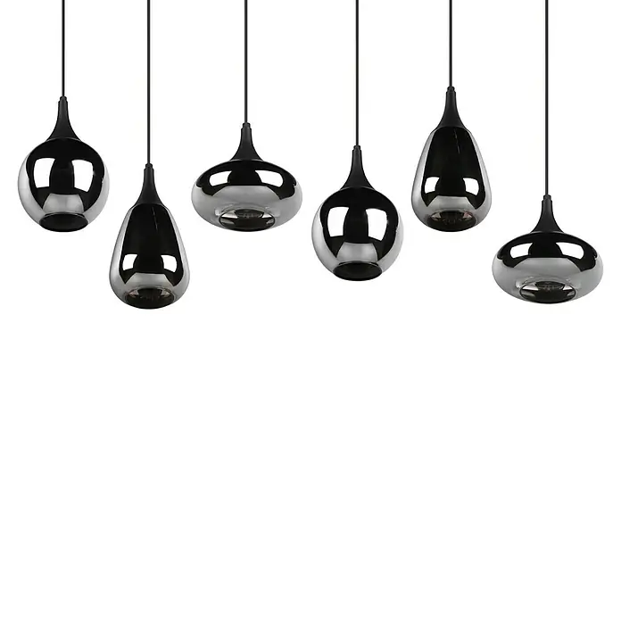 Trio Leuchten Lumina Pendelleuchte - 6 Stk., 240 W, L x B x H: 34,5 x 93,8 x 150 cm, Chrom, Schwarz, E14 - Die Pendelleuchten mit Tropfenform bringen einen modernen Touch. Die schwarzen Details bilden einen eleganten Kontrast zum reflektierenden Lampenschirm.