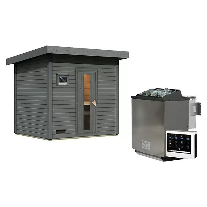 Karibu Saunahaus Hytti - 9 kW Bio-Saunaofen mit externer Steuerung, Terragrau, L x B x H: 196 x 231 x 228 cm - Graue Holzsaunakabine mit Edelstahlheizer und digitalem Bedienfeld.