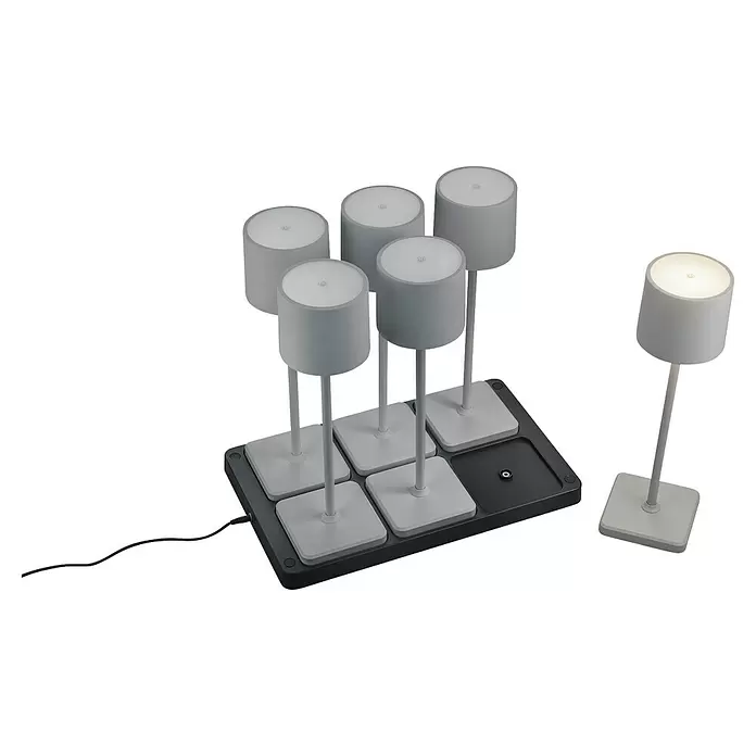 Reality Leuchten Akku-Tischleuchte FERNANDEZ + Ladestation - 6 W, L x B x H: 26 x 42,6 x 40 cm, Grau, Mehrfarbig - Weiße zylindrische LED-Lampen mit quadratischen Basen auf einer dunkelgrauen Ladestation. Eine Lampe leuchtet.