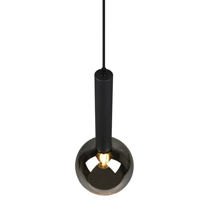 Trio Leuchten Pendelleuchte Clayton - 1 Stk., 28 W, Chrom, Schwarz, E27 - Nahaufnahme einer modernen Hängelampe mit rauchfarbener Glaskugel und schwarzem Zylinder.