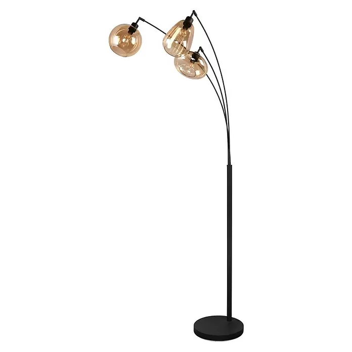 Trio Leuchten Lumina Stehleuchte - 30 W, Höhe: 200 cm, Schwarz, Amber, E14 - Schwarze Stehlampe mit drei gebogenen Armen, jeder mit einem bernsteinfarbenen Glasschirm und leuchtender Glühbirne.
