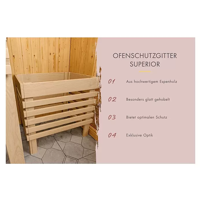 Karibu Elementsauna Katima - 9 kW Bio-Saunaofen mit externer Steuerung, L x B x H: 196 x 231 x 198 cm - Saunaoofen-Schutzgitter aus hochwertigem, glatt gehobeltem Espenholz für optimalen Schutz.