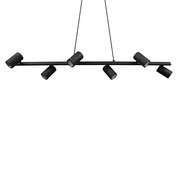 Trio Leuchten Marley Pendelleuchte - 210 W, L x B x H: 18 x 115 x 150 cm, Schwarz, GU10, Anzahl Leuchtmittel: 6 Stk. - Moderne schwarze LED-Hängeleuchte mit sechs Strahlern für eine flexible und stilvolle Beleuchtungslösung.