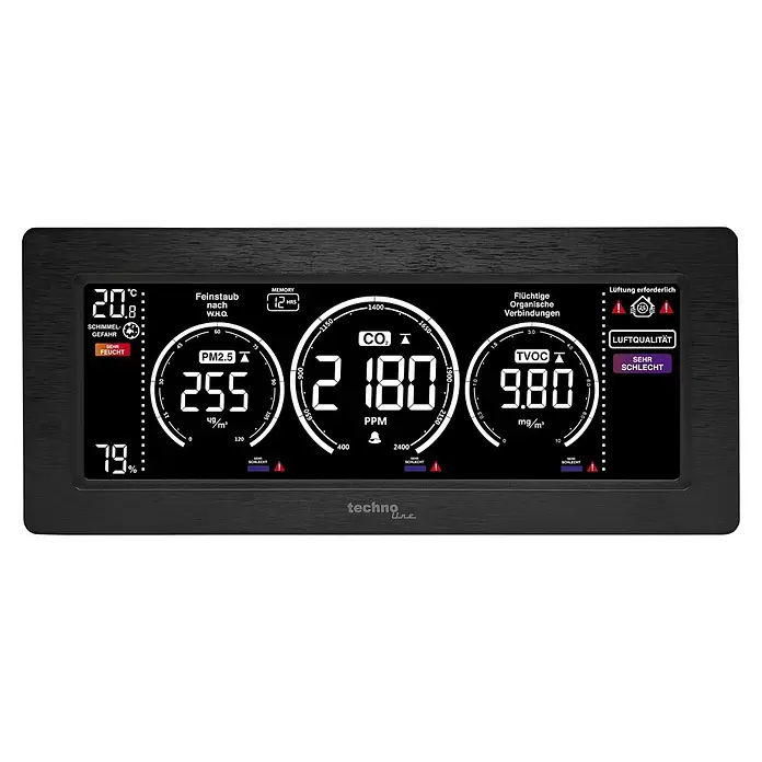Technoline Luftqualitätsmonitor WL1035 - Digitales Display, Netzbetrieben, 4,8 x 22,9 x 9,8 cm - Schwarzes Technoline Luftqualitätsmessgerät mit Digitalanzeige für Temperatur, Luftfeuchtigkeit, PM2.5, CO2 und TVOC-Werte.