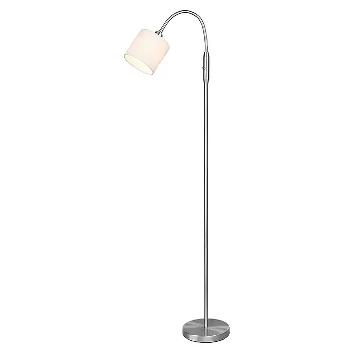 Reality Leuchten Tommy Stehleuchte - 40 W, Höhe: 130 cm, Nickel, Weiß, E14, 1 Stk. - Elegante silberne Stehlampe mit flexiblem Schwanenhals und einem leuchtenden zylindrischen Stoffschirm in Weiß.
