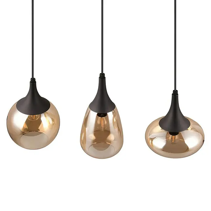 Trio Leuchten Lumina Pendelleuchte - 3 Stk., 120 W, L x B x H: 19,5 x 68,8 x 150 cm, Amber, Schwarz, E14 - Drei elegante Hängeleuchten mit bernsteinfarbenem Glas und schwarzem Akzent, die jedem Raum ein stilvolles Ambiente verleihen.
