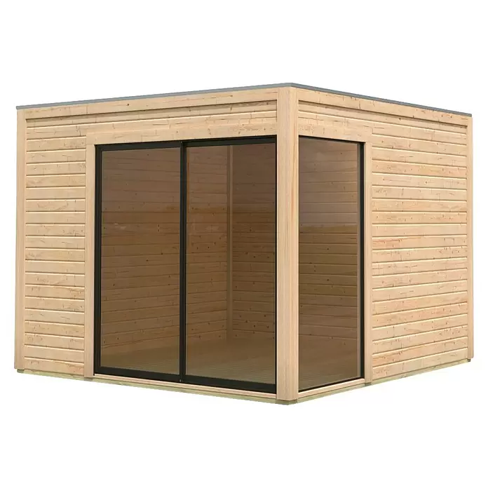 Karibu Gartenhaus Dice 1 - Außenmaß inkl. Dachüberstand (B x T): 308 x 308 cm, Holz, Naturbelassen - Moderne Gartenhütte aus hellem Holz mit großen, schwarz gerahmten Glasschiebetüren und hohen Fenstern.