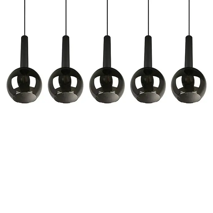 Trio Leuchten Pendelleuchte Clayton - 5 Stk., 140 W, L x B x H: 20 x 115 x 150 cm, Chrom, Schwarz, E27 - Fünf elegante Hängeleuchten mit rauchgrauen Glaskugeln und schwarzen Aufhängungen, perfekt für moderne Innenräume.