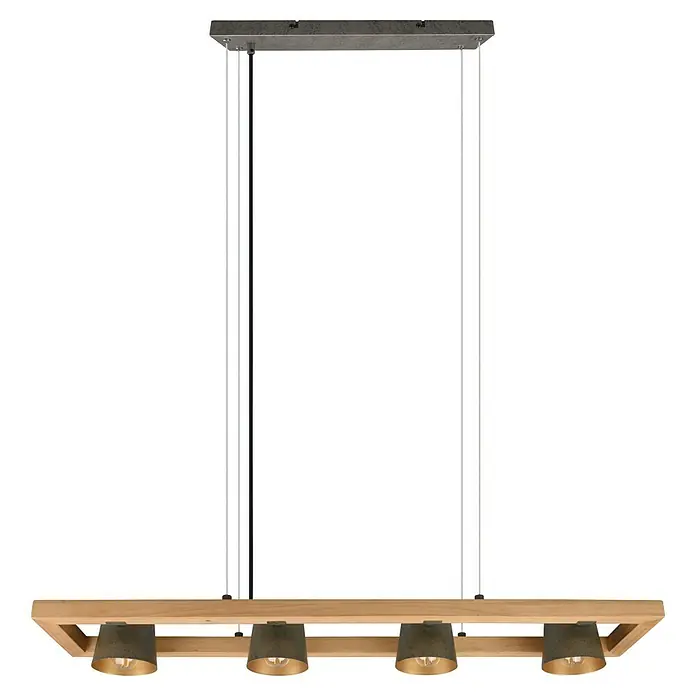 Trio Leuchten Bell Pendelleuchte - 100 W, L x B x H: 21 x 100 x 150 cm, Nickel-antik/Holz, E14 - Eine rustikale Hängelampe mit vier Lampenschirmen und einem Holzrahmen für eine gemütliche Atmosphäre.