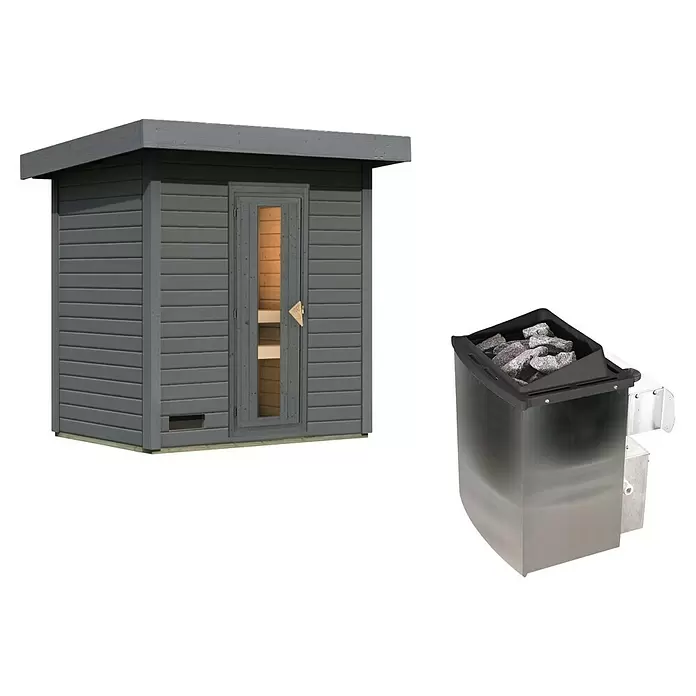 Karibu Saunahaus Hytti - 9 kW Saunaofen mit integrierter Steuerung, Terragrau, L x B x H: 146 x 196 x 228 cm - Graue Holz-Außensaunakabine und metallischer Saunaofen mit Steinen.