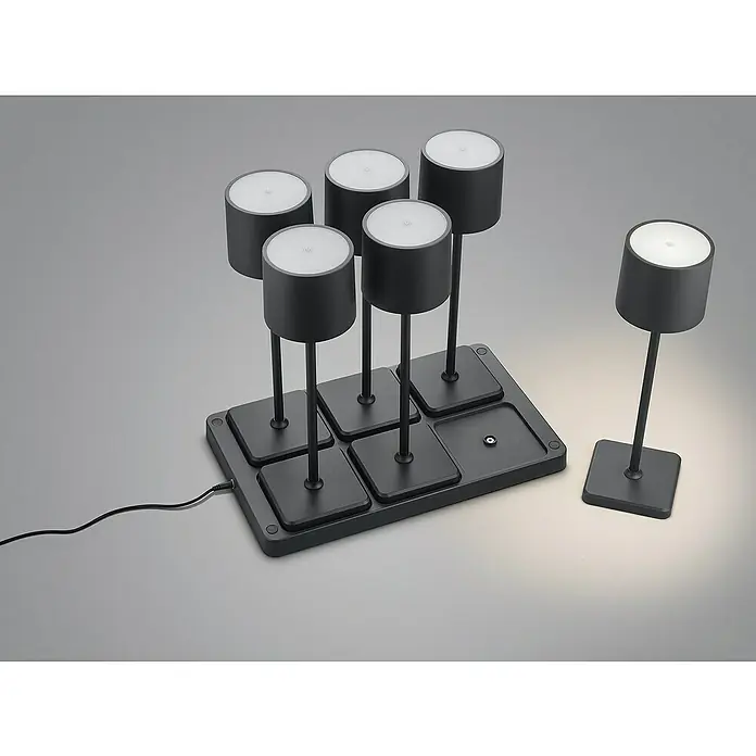 Reality Leuchten Akku-Tischleuchte FERNANDEZ + Ladestation - 6 W, L x B x H: 26 x 42,6 x 40 cm, Schwarz, Mehrfarbig - Produktansicht der modularen Leuchte mit Ladestation und einer einzelnen Leuchte, die moderne Beleuchtungslösungen zeigt.