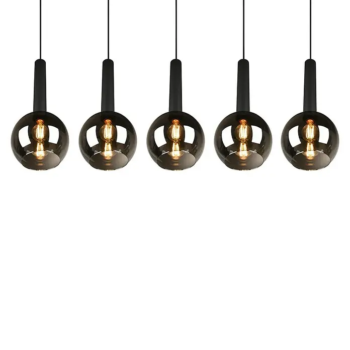 Trio Leuchten Pendelleuchte Clayton - 5 Stk., 140 W, L x B x H: 20 x 115 x 150 cm, Chrom, Schwarz, E27 - Fünf rauchfarbene Pendelleuchten mit Edison-Glühbirnen erhellen den Raum und schaffen eine stimmungsvolle Atmosphäre. Zeitloses Design trifft auf moderne Technik.