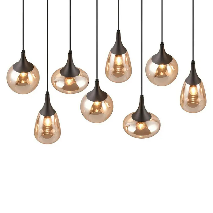 Trio Leuchten Lumina Pendelleuchte - 8 Stk., 320 W, L x B x H: 34,5 x 121 x 150 cm, Amber, Schwarz, E14 - Eine Gruppe von Hängelampen mit bernsteinfarbenen Glasschirmen und schwarzen Aufhängungen sorgt für stimmungsvolle Beleuchtung.