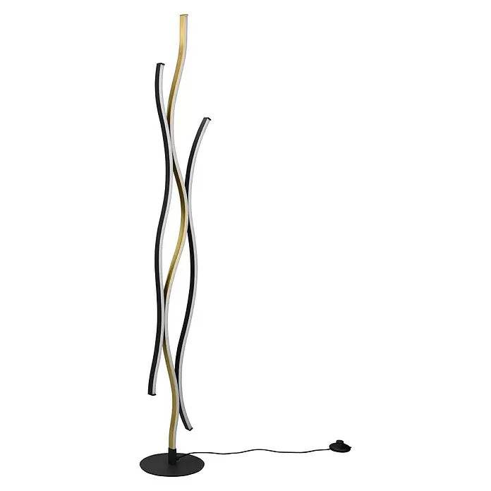Trio Leuchten Blaze LED-Stehleuchte - 28 W, Höhe: 138 cm, Messing matt/Schwarz, Mehrfarbig - Moderne Stehleuchte mit schwarzem Sockel, wellenförmigen schwarzen, weißen und goldenen LED-Lichtbändern und Fußschalter.