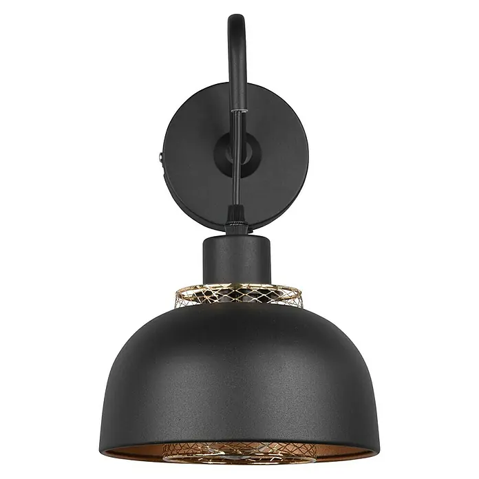 Reality Leuchten Punch Wandleuchte - 40 W, L x B x H: 24 x 18 x 30 cm, Schwarz/Gold, E27 - Nahaufnahme einer stilvollen schwarzen Wandleuchte mit dekorativen goldenen Akzenten. Die Lampe ist ein echter Hingucker.