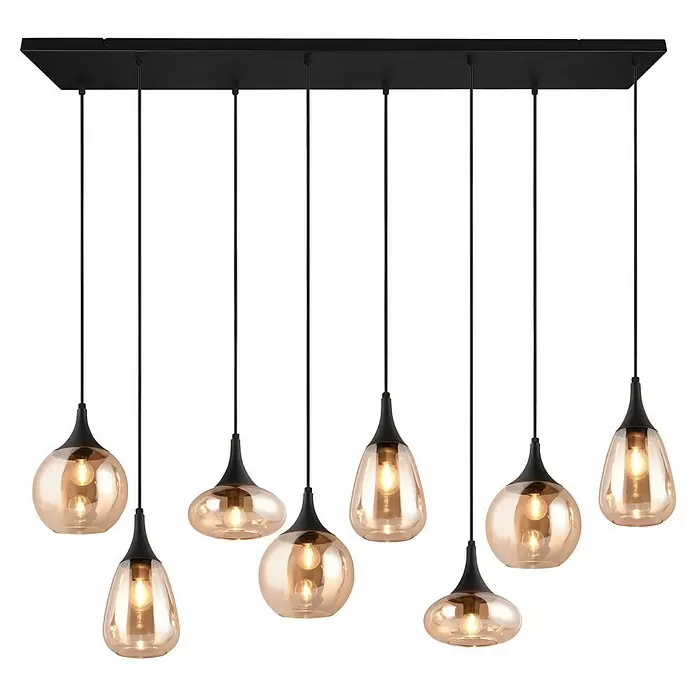 Trio Leuchten Lumina Pendelleuchte - 8 Stk., 320 W, L x B x H: 34,5 x 121 x 150 cm, Amber, Schwarz, E14 - Moderne schwarze Hängeleuchte mit acht bernsteinfarbenen Glaspendelleuchten in verschiedenen Formen.