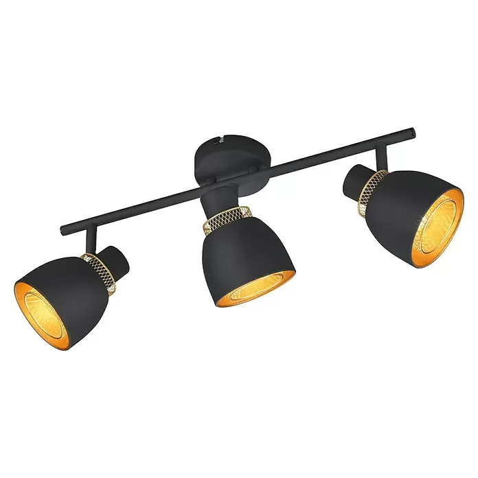 Reality Leuchten Punch Deckenstrahler - 3 Stk., 30 W, L x B x H: 10 x 45,5 x 20 cm, Schwarz/Gold, E14 - Moderne schwarze Dreifach-Schienenstrahlerlampe mit goldenen Akzenten und goldfarbenen Schirminnenseiten.