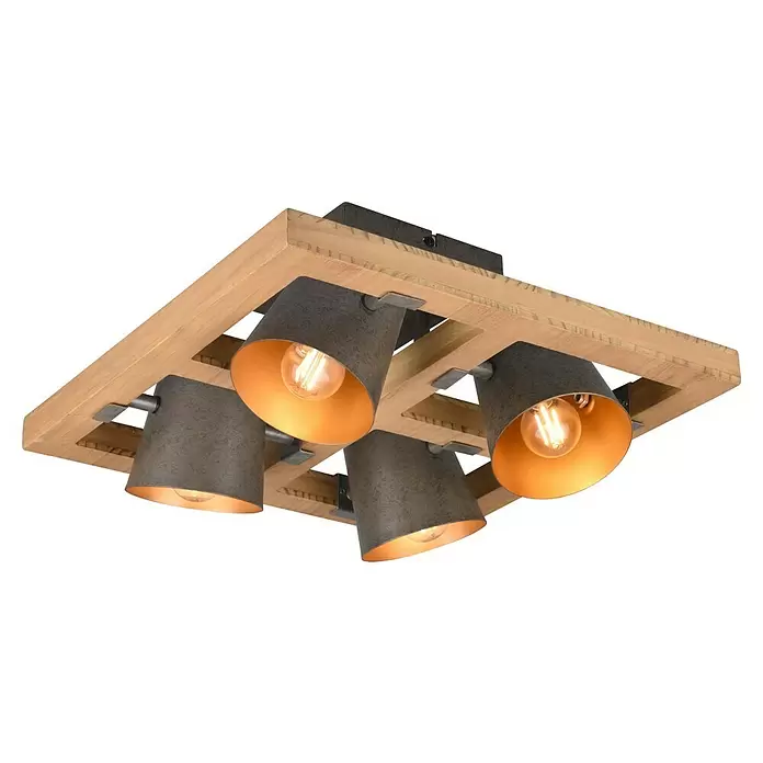 Trio Leuchten Bell Deckenleuchte - 100 W, L x B x H: 39 x 9 x 19,8 cm, Nickel-antik/Holz, E14 - Rechteckige Holz-Deckenleuchte mit vier dunkelgrauen Metallstrahlern, goldenen Innenseiten und Glühbirnen.