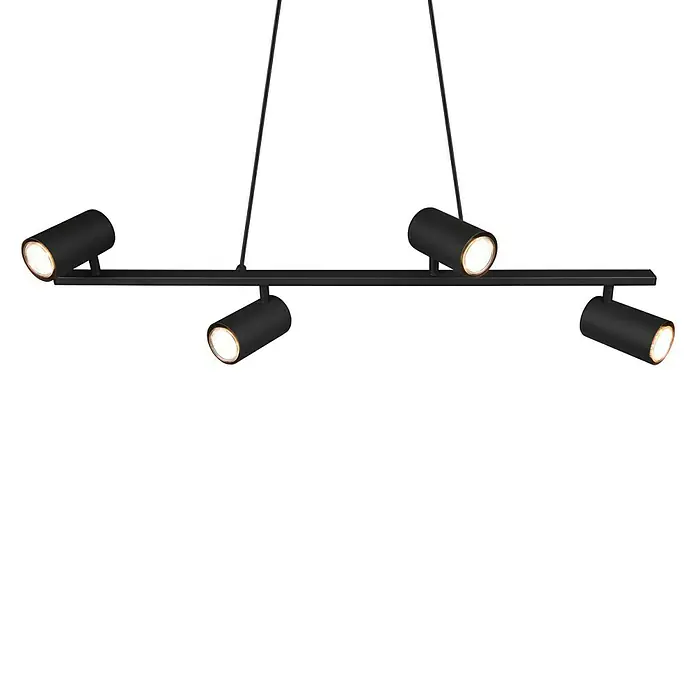 Trio Leuchten Marley Pendelleuchte - 140 W, L x B x H: 18 x 80 x 150 cm, Schwarz, GU10, Anzahl Leuchtmittel: 4 Stk. - Moderne schwarze Hängelampe mit vier verstellbaren Strahlern, ideal für stilvolle Beleuchtung und Akzente im Raum.