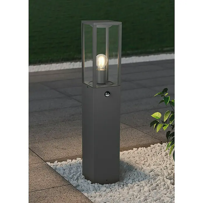 Trio Leuchten Garonne Außenwegeleuchte - 60 W, Farbe Gehäuse: Anthrazit, Ohne Leuchtmittel, Höhe: 80 cm, Mit Bewegungsmelder - Elegante Außenleuchte mit klarem Glasgehäuse und warmem Licht, ideal für stilvolle Gartenbeleuchtung.