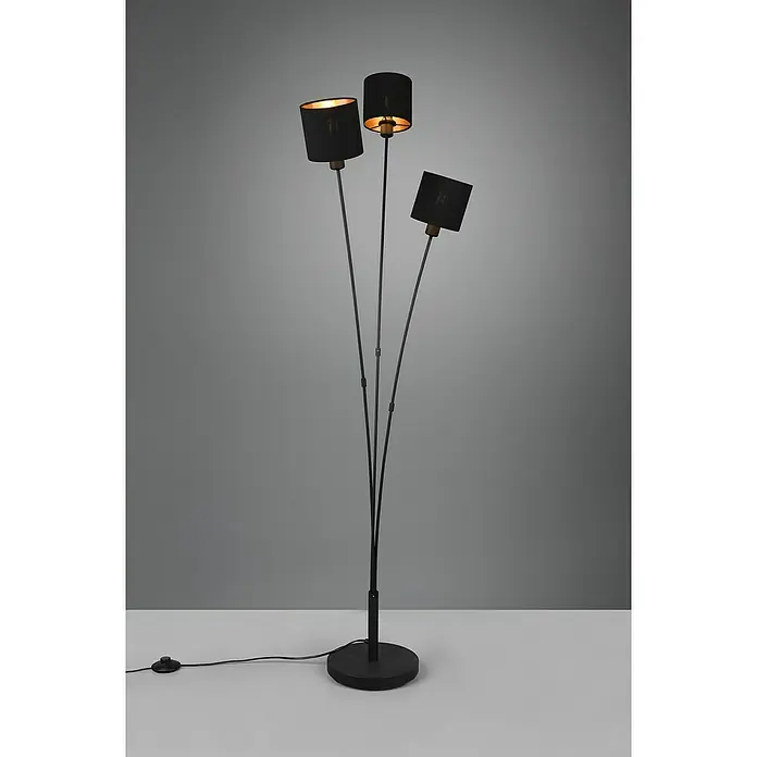 Reality Leuchten Tommy Stehleuchte - 120 W, Höhe: 150 cm, Schwarz/Gold, E14, 3 Stk. - Elegante Stehleuchte mit drei schwarzen Lampenschirmen. Das Design ist modern und stilvoll, ideal für jedes Wohnzimmer.