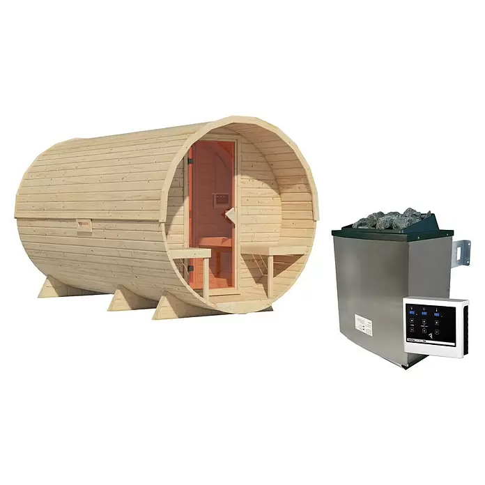 Karibu Fasssauna - L x B x H: 385 x 225 x 229 cm, 9 kW Saunaofen mit externer Steuerung, Anzahl Liegen: 4 Stk. - Eine helle Fasssauna aus Holz und ein silberner Saunaofen mit schwarz-weißem Digitalbedienfeld.