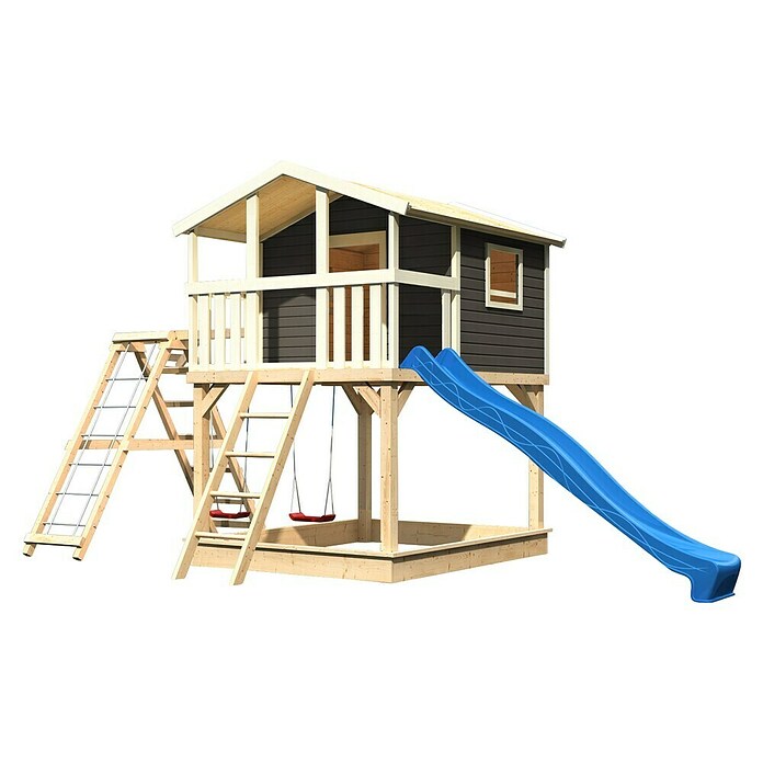 Karibu Kinderspielturm Benjamin (L x B x H: 244 x 198 x 309 cm, Terragrau, Mit blauer Rutsche & Klettergerüst) | BAUHAUS