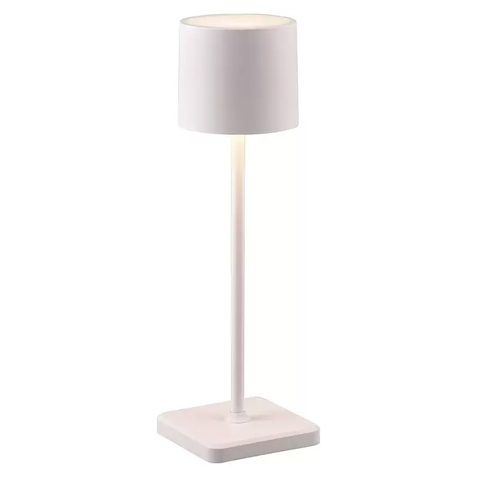 Reality Leuchten Akku-Tischleuchte FERNANDEZ - 1 W, L x B x H: 12,5 x 12,5 x 38 cm, Weiß, Mehrfarbig - Weiße, moderne Tischlampe mit beleuchtetem zylindrischem Schirm und quadratischem Fuß.