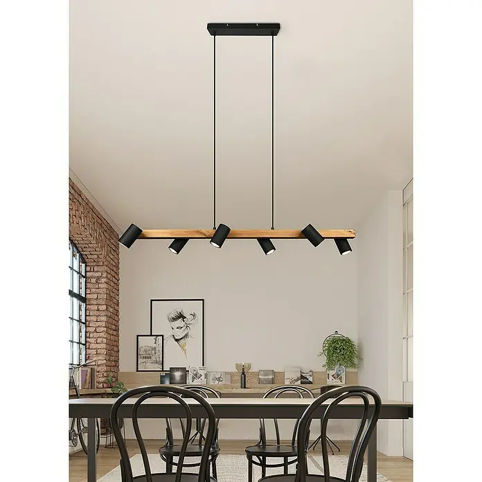 Trio Leuchten Marley Pendelleuchte - 210 W, L x B x H: 20 x 115 x 150 cm, Schwarz/Holz, GU10, Anzahl Leuchtmittel: 6 Stk. - Elegante Hängeleuchte mit sechs verstellbaren Strahlern und einem natürlichen Holzsockel, perfekt für moderne Essbereiche.