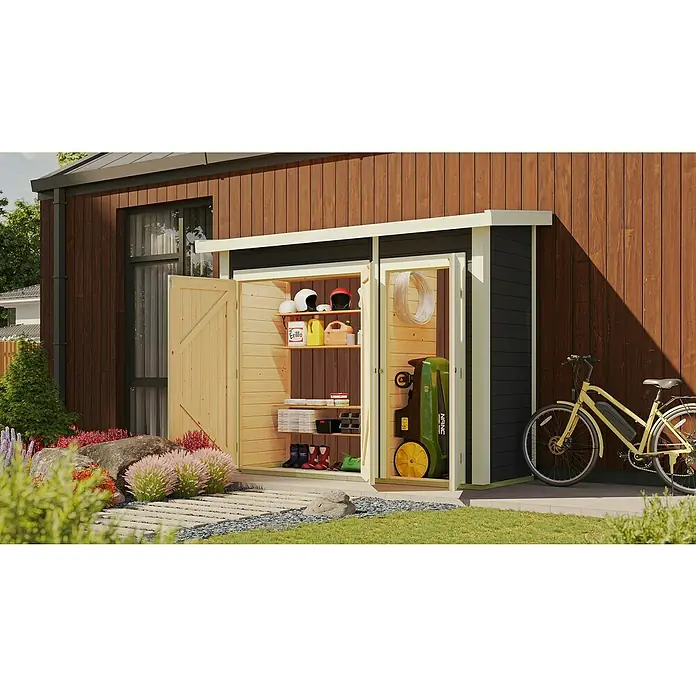 Karibu Geräteschrank - Außenbreite inkl. Dachüberstand: 291 cm, Außentiefe inkl. Dachüberstand: 110 cm, Holz, Terragrau - Geräumiger Gartenschuppen mit Holzregalen zur Aufbewahrung von Gartengeräten und Werkzeugen, der sich perfekt in jeden Garten einfügt.