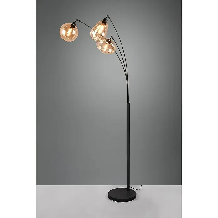 Trio Leuchten Lumina Stehleuchte - 30 W, Höhe: 200 cm, Schwarz, Amber, E14 - Elegante Stehlampe mit drei bernsteinfarbenen Glasschirmen und schlankem, schwarzem Gestell. Ideal für stimmungsvolle Beleuchtung im Wohnbereich.