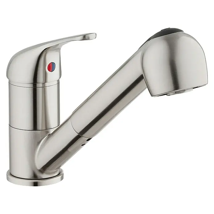 Camargue Spültischarmatur Aragon - Edelstahl, Matt - Bild einer Küchenarmatur mit Ausziehbrause aus Edelstahl, die modernes Design und Funktionalität vereint.