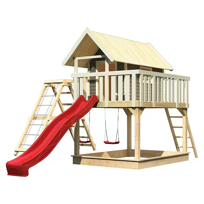 Karibu Kinderspielturm Fidel - L x B x H: 243 x 198 x 329,5 cm, Terragrau, Mit roter Rutsche & Klettergerüst - Erhöhtes Holzspielhaus mit hellem Dach, roter Rutsche, zwei Schaukeln und Sandkasten.