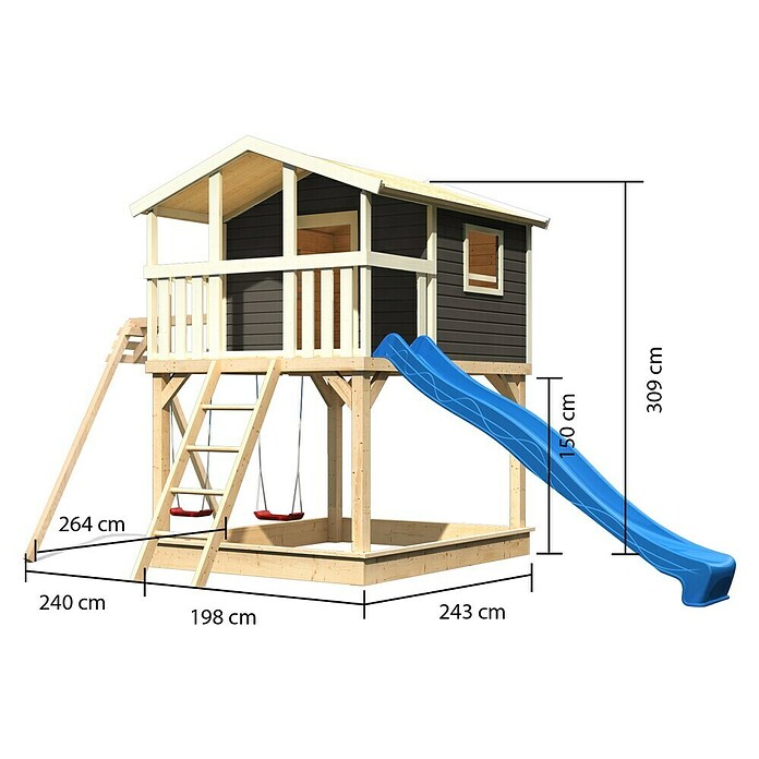 Karibu Kinderspielturm Benjamin (L x B x H: 244 x 198 x 309 cm, Terragrau, Mit blauer Rutsche) | BAUHAUS