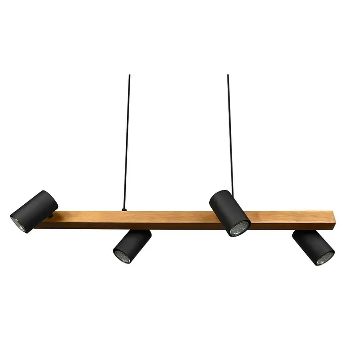 Trio Leuchten Marley Pendelleuchte - 140 W, L x B x H: 20 x 80 x 150 cm, Schwarz/Holz, GU10, Anzahl Leuchtmittel: 4 Stk. - Moderne Hängelampe mit Holzsockel und vier schwarzen Strahlern für stilvolle Beleuchtung.